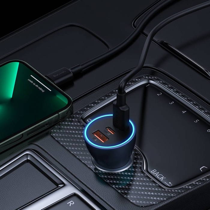 Caricabatteria per auto Baseus Golden Contactor Pro USB-A + 2x USB-C 65W grigio scuro (CGJP010013)