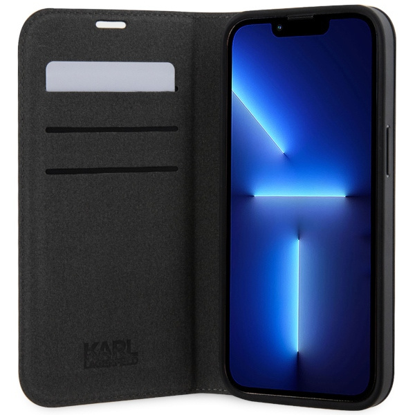 Case Karl Lagerfeld KLBKP14XSANKCPG iPhone 14 Pro Max 6.7" bookcase silver/silver Saffiano Karl &amp; Choupette Case