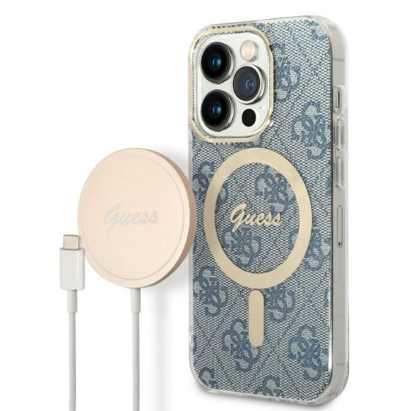 Kit Telefontok Guess Case+ töltő iPhone 14 Pro Max 6.7" kék/kék kemény case 4G nyomtatás MagSafe