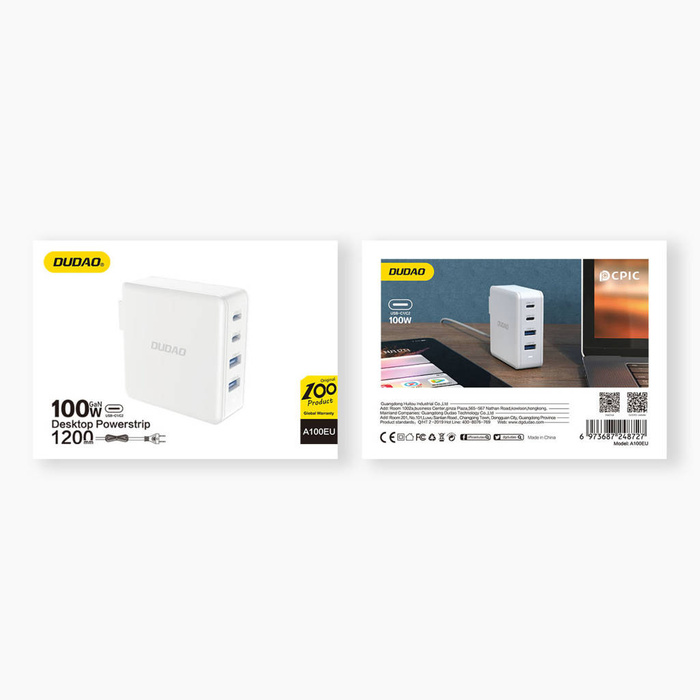 Chargeur rapide GaN 100W 2 x USB-C / 2 x USB Dudao A100EU - blanc