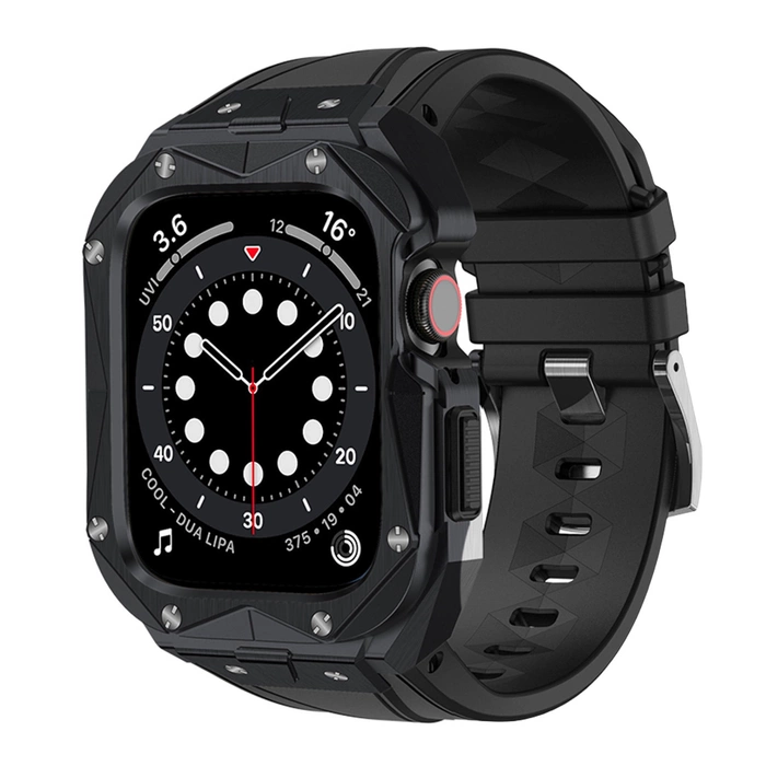 [B WARE] Kingxbar CYF140 2in1 Panzergehäuse für Apple Watch 9, 8, 7 (45 mm) aus Edelstahl mit Armband, schwarz