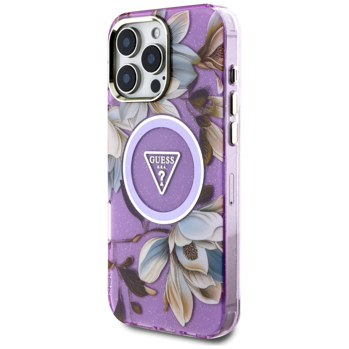 Etui Guess Glitter Flowers Triangle       Buttons MagSafe do iPhone 16 Pro fioletowy