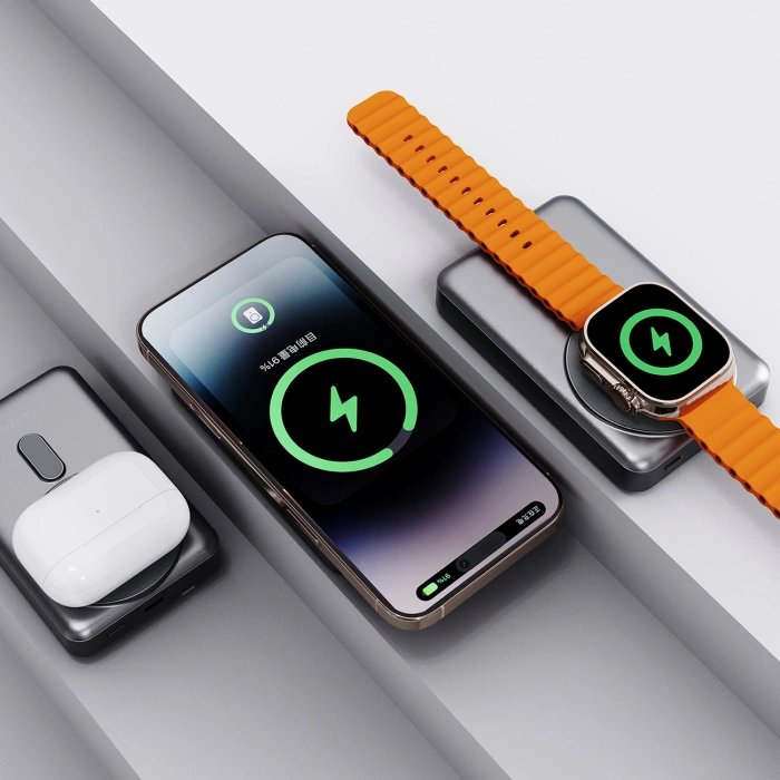 Powerbank Dudao K29 10000mAh PD 20W z MagSafe z metalową obudową, podstawką i wbudowanymi kablami USB-C/Lightning - szary