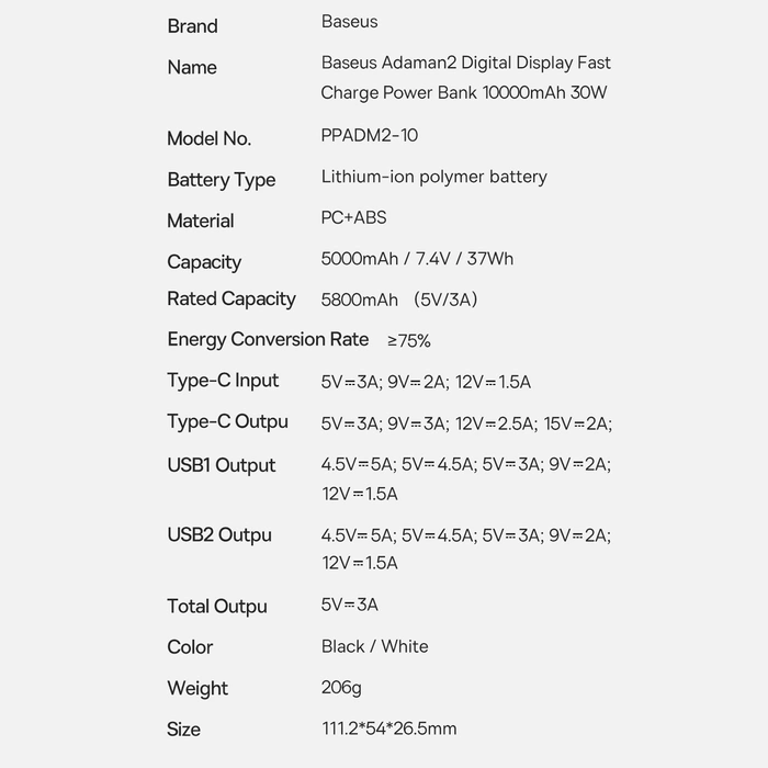 Baseus Adaman2 powerbank s displejem digital 10000mAh 30W 2 x USB / 1x USB Type C Overseas Edition PD QC SCP černá (PPAD040101)
