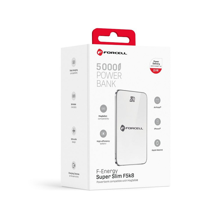 Powerbank zgodny z MagSafe Forcell F-Energy SuperSlim F5K8 QC4.0 PD3.0 15W 5000 mAh biały 0INT