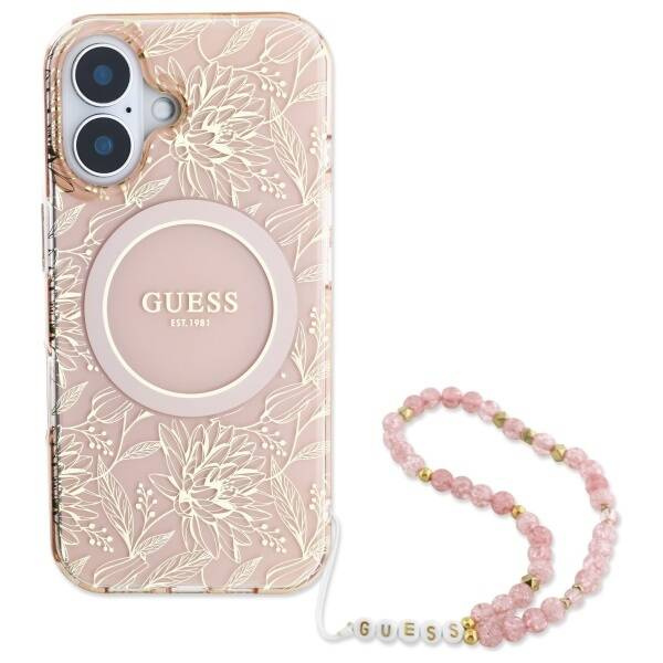 Etui Guess iPhone 16 Plus 6.7" różowy/pink hardcase IML Flowers Allover Electro With Pearl Strap MagSafe