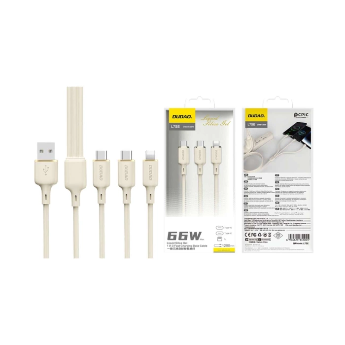 Câble Dudao L7SE 3en1 USB-C - USB-C / Lightning / micro USB 66W 1,2m - beige