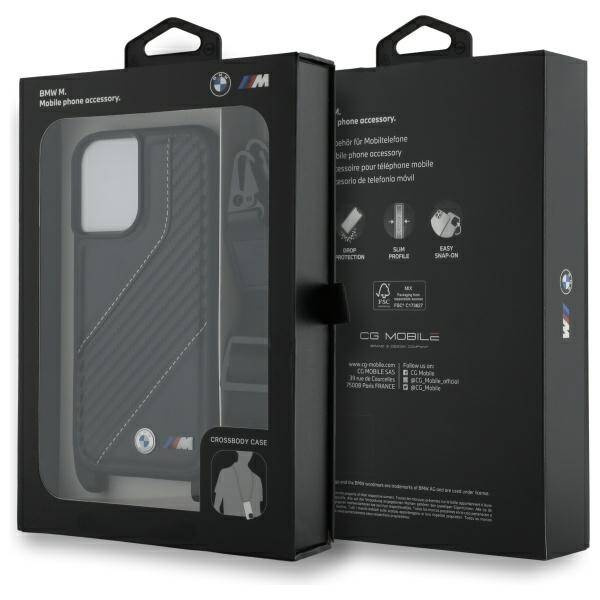 Case BMW iPhone 16 Plus black/black hardcase M Edition Carbon Stripe &amp; Strap