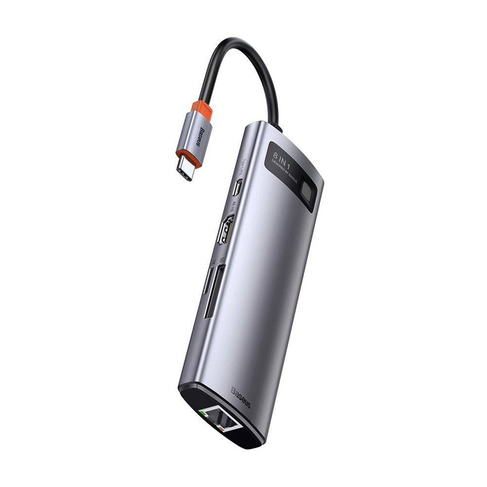 Baseus Metal Gleam 8in1 multifunctional HUB USB Type C - USB Type C Power Delivery 100 W / HDMI 4K 30 Hz / SD and microSD memory card reader / 3x USB 3.2 Gen 1 / RJ45 1 Gbps Gray (CAHUB-CV0G)