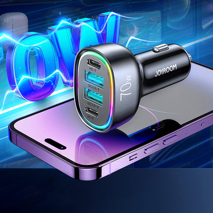 Caricabatteria per auto Joyroom da 70 W con 4 porte: 2 x USB C, 2 x USB nero (JR-CL29)