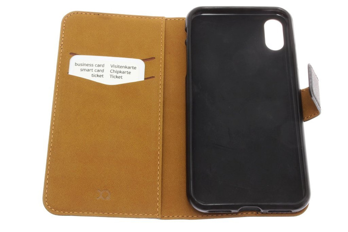 Telefontok Apple iPhone X XS XS Slim pénztárca patentos mágneses záródással fekete öko bőr Xqisit