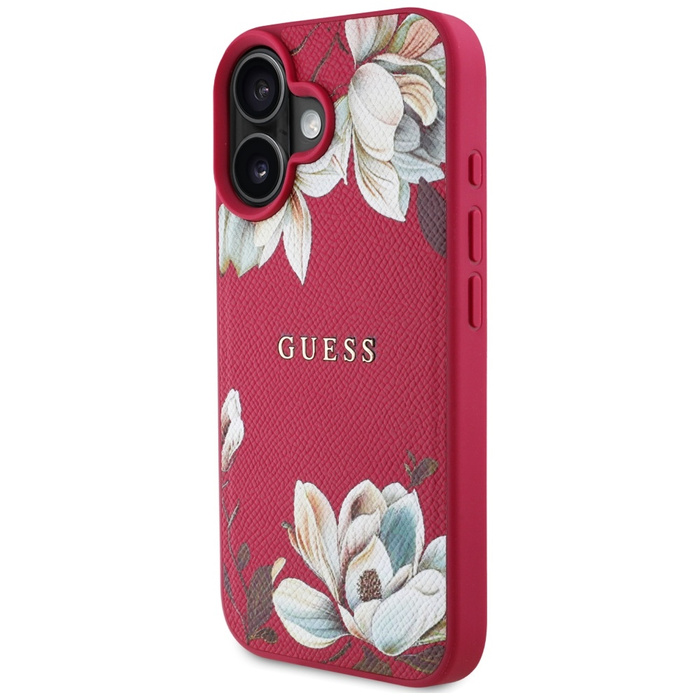 Etui Guess Grained Printed Flower         Pattern MagSafe do iPhone 16 fuksja