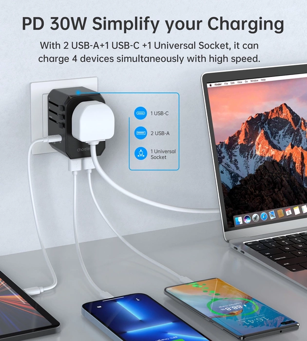 Choetech PD6041 USB-C USB-A PD 30W cestovní nabíječka se 4 zástrčkami US EU UK AU – černá