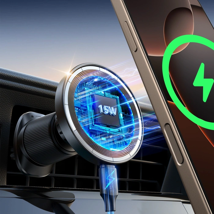 Uchwyt samochodowy Joyroom JR-ZS502 kompatybilny z MagSafe z ładowarką indukcyjną na kratkę nawiewu/deskę rozdzielczą - czarny