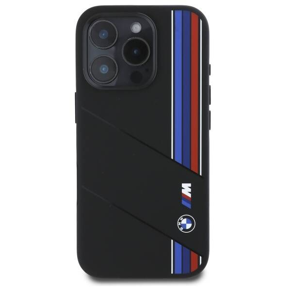 Cover BMW iPhone 16 Pro nero/nero durocase Silicone Cut Tricolor Lines MagSafe