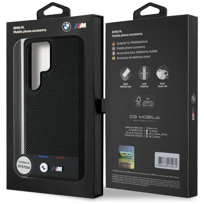 Case BMW Leather Tricolor Stripe MagSafe for Samsung Galaxy S25 Ultra black