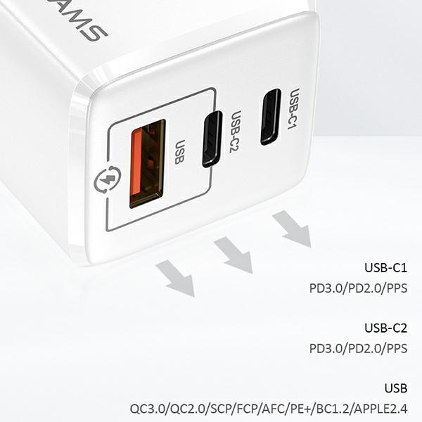 USAMS Ladegerät 2xUSB-C USB-A GaN 65W T33 PD Schnellladung CC110TC02 US-CC110 Weiß