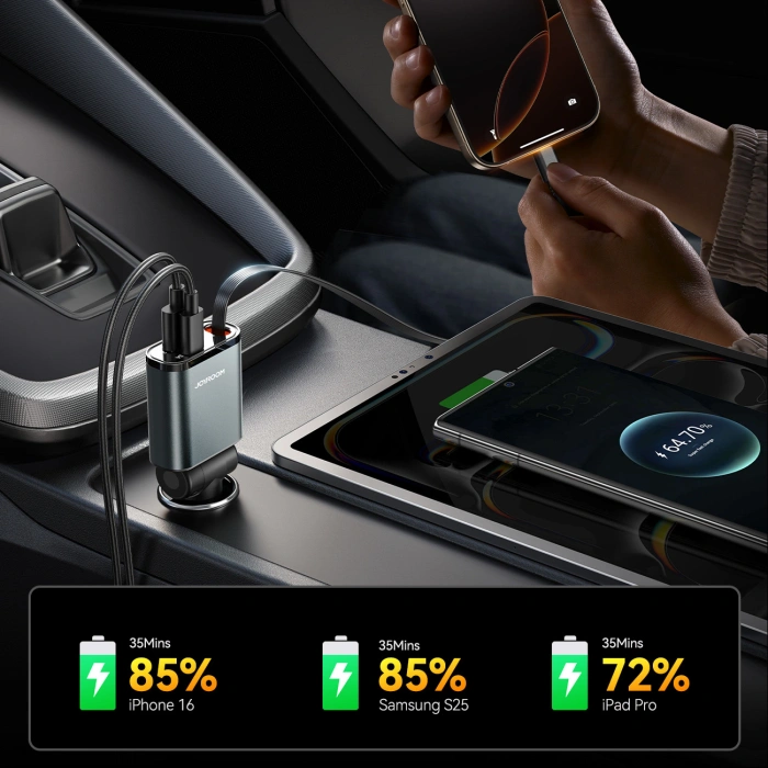 Ładowarka samochodowa Joyroom JR-CCL07 3w1 z wbudowanym kablem zwijanym - ciemnoszara