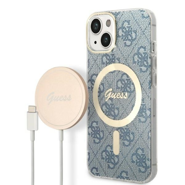 Kit Telefontok Guess Case+ töltő iPhone 14 Plus 6.7" kék/kék kemény case 4G nyomtatás MagSafe