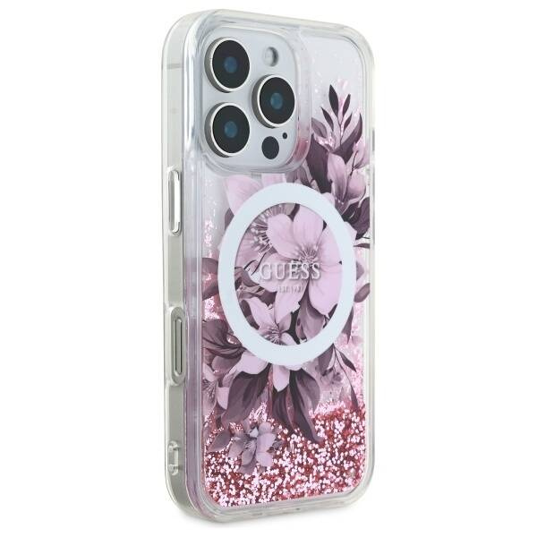 Etui Guess iPhone 16 Pro 6.3"   różowy/pink hardcase Liquid Glitter Flower MagSafe