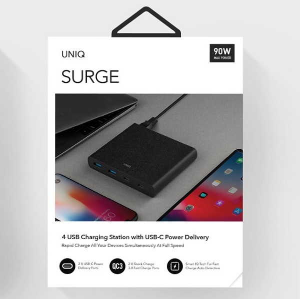 UNIQ HUB Surge 90W 2xUSB Quick Charge 3.0 2xUSB-C PD 3.0 Black Wall Charger