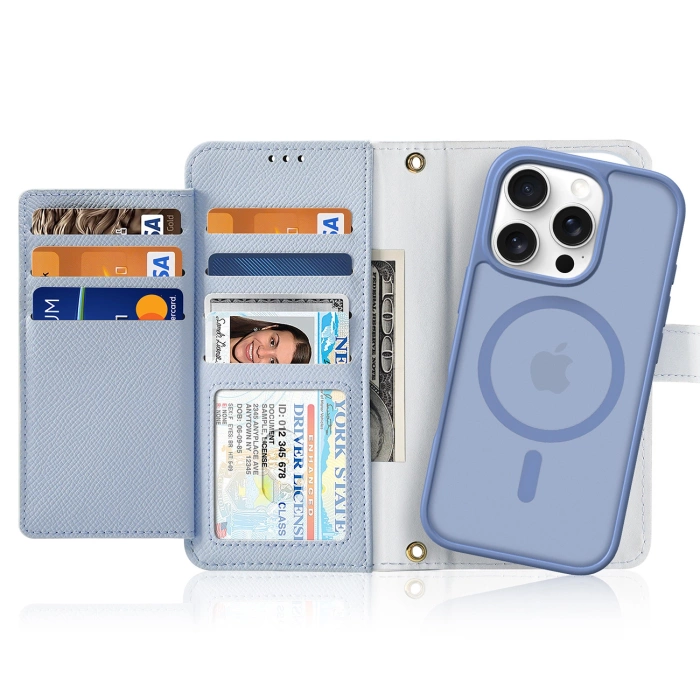 Dux Ducis Lawa Leather Case for iPhone 16 Pro Max with Detachable Magnetic Wallet - Blue