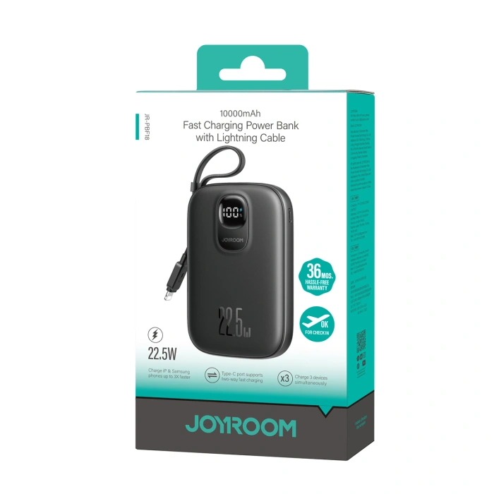 Powerbank Joyroom JR-PBF18 22.5W 10000mAh z wbudowanym kablem Lightning + kabel USB-C 0.25 cm  - czarny