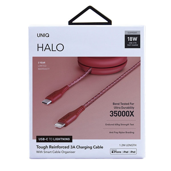 UNIQ MFI Halo USB-C-Lightning 18W Cable Nylon Coil 1.2m Red