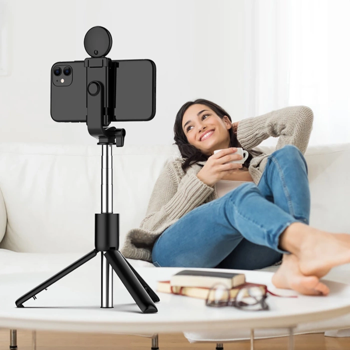 Selfie stick WR1YXS telescopic tripod 0.71m with round lamp - black
