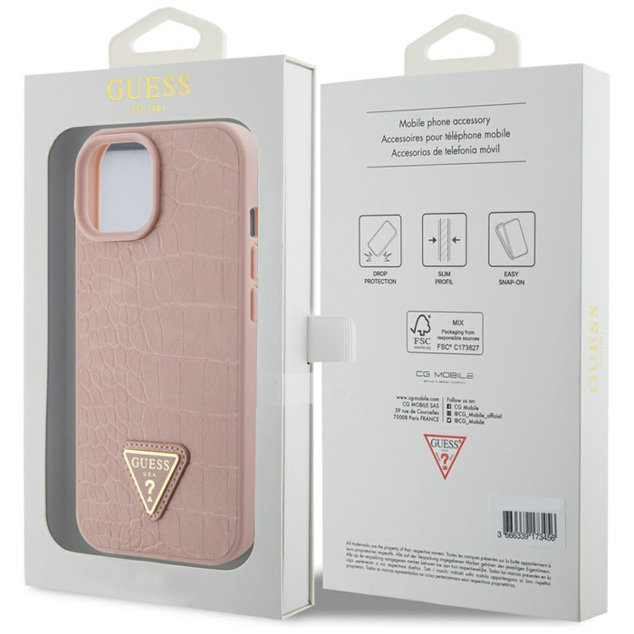 Funda Guess GUHCP15SPCRTHCP iPhone 15 6.1" rosa/rosa durocase Croco Triángulo Metal Logotipo Case