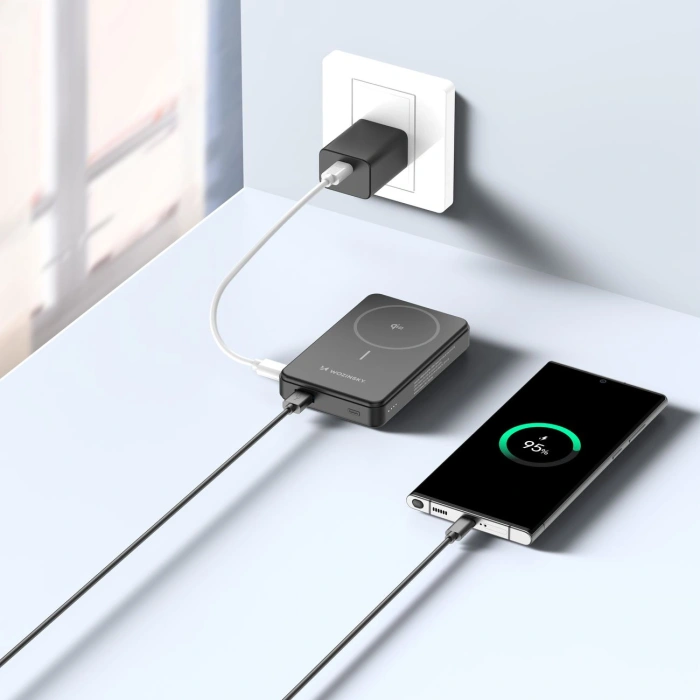 Powerbank Wozinsky WLWP-10KA0Y3S 22,5W PD Qi2 10000 mAh, z podstawką, 1x USB-A, 1x USB-C - czarny