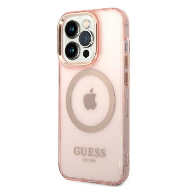 Guess GUHMP14LHTCMP iPhone 14 Pro 6,1" růžový/růžový hard case Zlatý obrys průsvitný MagSafe