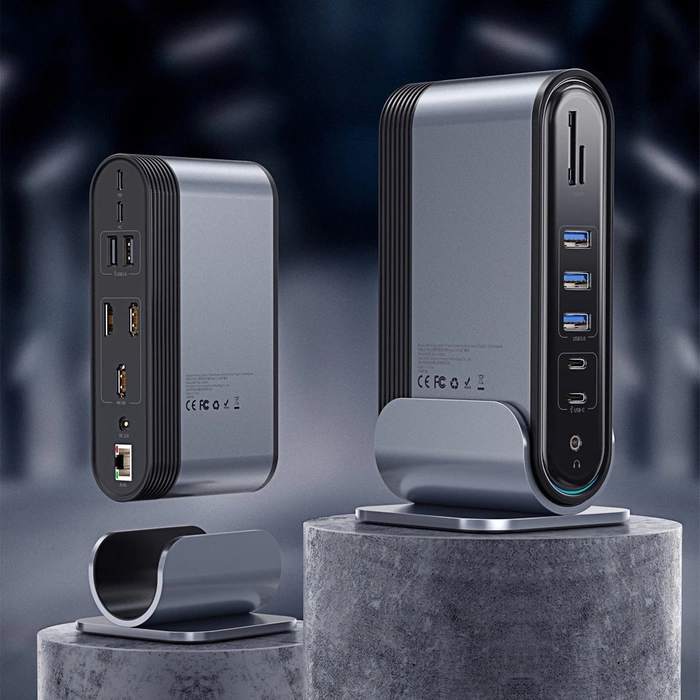 [APRÈS RETOUR] HUB multifonction Baseus 3x USB 3.2 Gen 1 / 2x USB Type C / Lecteur de carte SD et micro SD / AUX / 2x DisplayPort / 2x HDMI / RJ45 1Gbps Power Delivery 100W (EU / CN / UK plug set) gris (CAHUB-DG0G)