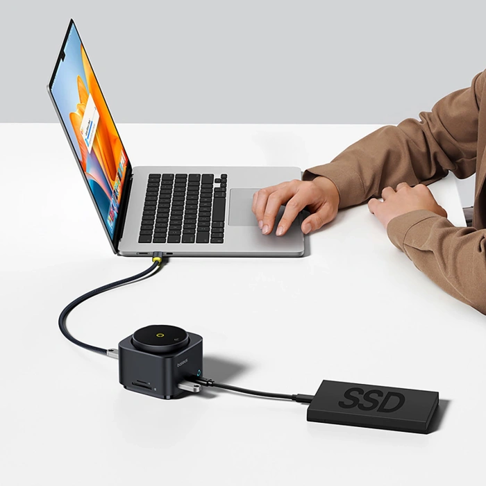 Hub USB-C 7w1 Baseus MagPro Series II z ładowarką kompatybilną z MagSafe 15W + HDMI + USB-A + USB-C + SD/TF - czarny