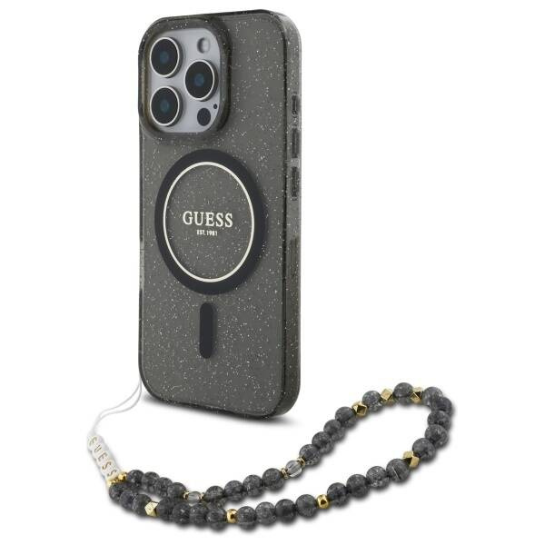 Etui Guess iPhone 16 Pro 6.3" czarny/czarny hardcase IML Glitter With Pearl Strap MagSafe