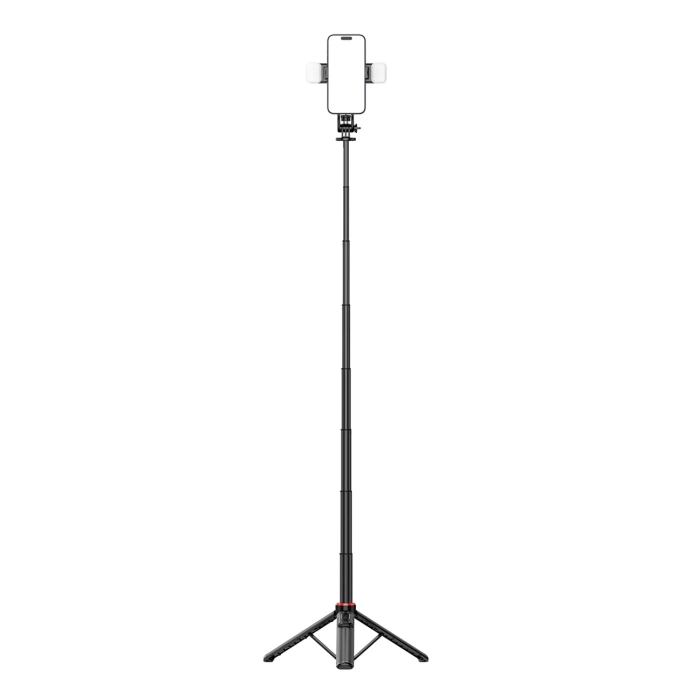 Selfie Stick WC12YDS Teleskopstativ 1,3 m aus Aluminiumlegierung mit Dual-Licht und Telefonhalter – Schwarz