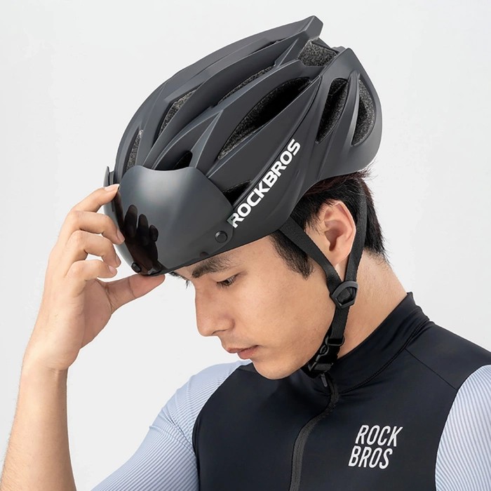 Rockbros Fahrradhelm mit Visier, abnehmbarer UV-Schutzbrille, Unisex – Grün