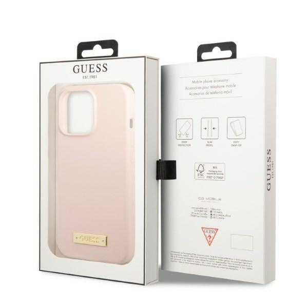 Case GUESS Apple iPhone 13 Pro Max Silicone Logo Plate MagSafe Pink Hardcase