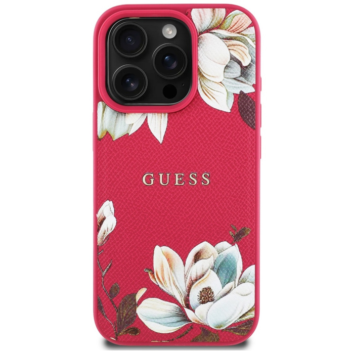Etui Guess Grained Printed Flower         Pattern MagSafe do iPhone 16 Pro Max fuksja