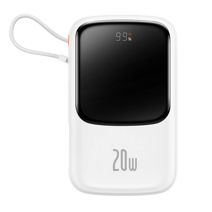 Baseus Qpow Powerbanka s digitálním displejem a rychlým nabíjením 10000mAh 20W QC/PD/SCP/FCP s integrovaným kabelym Lightning bílá