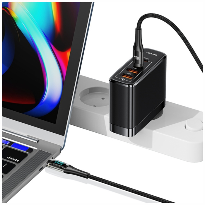 Kabel USAMS Shadow Series US-SJ591 PD    100W z wyświetlaczem USB-C do USB-C 2m czarny