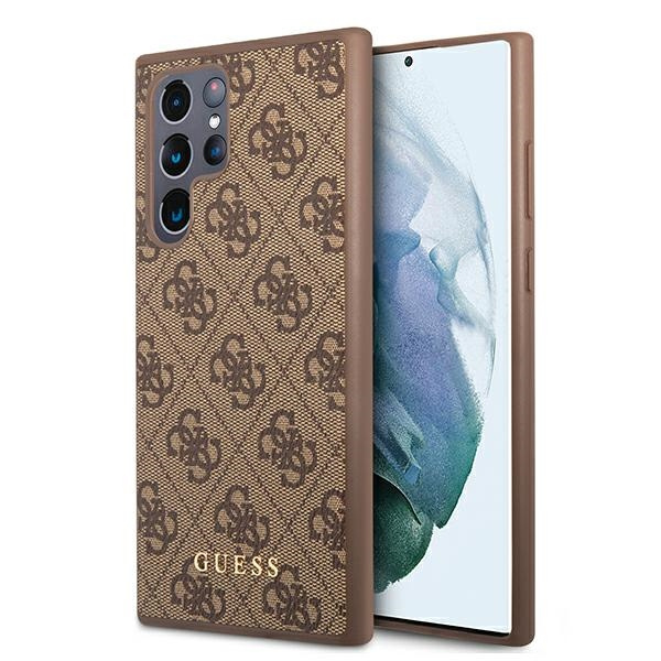 Cover GUESS Custodia rigida per Samsung Galaxy S22 Ultra 4G in metallo dorato con logo marrone