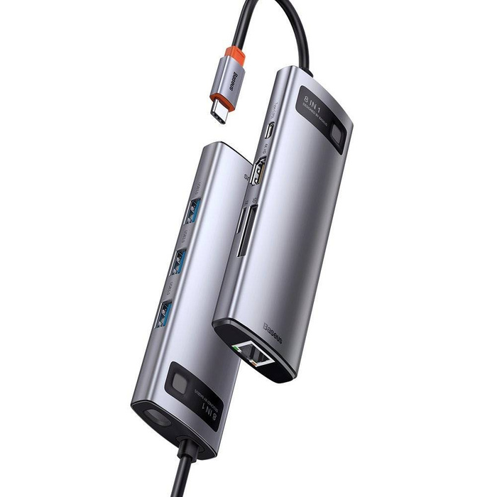 Baseus Metal Gleam 8v1 multifunkční HUB USB Typ C - USB Typ C Napájení 100 W / HDMI 4K 30 Hz / Čtečka karet SD a microSD / 3x USB 3.2 Gen 1 / RJ45 1 Gbps šedá (CAHUB-CV0G)