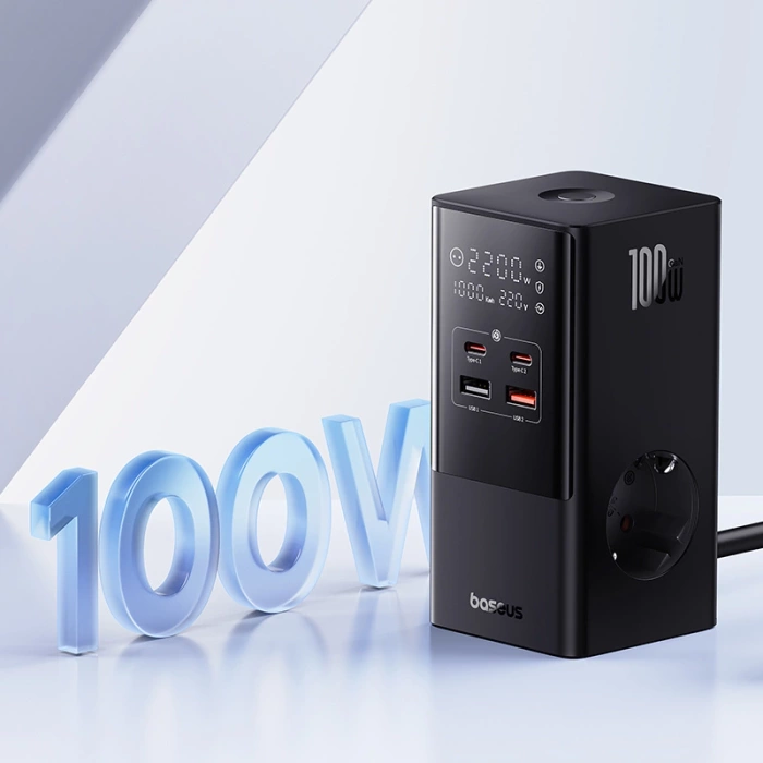 Baseus PowerCombo Tower Ladestation 100W 2 x EU + 2 x USB-A + 2 x USB-C 1,5m - Schwarz