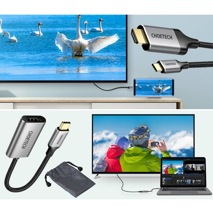 Choetech Kit Adapter HUB USB Typ C - HDMI 2.0 (3840 x 2160 @ 60Hz) grau (HUB-H12) + USB Kabel Typ C - HDMI (3840 x 2160 @ 60Hz) 2m grau (CH0021)