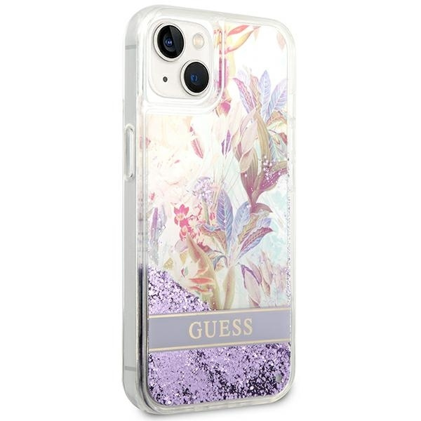 Case GUESS Apple iPhone 14 Flower Liquid Glitter Purple Hardcase