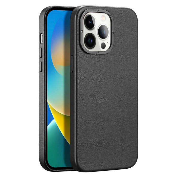 Custodia in pelle Dux Ducis Grit per iPhone 14 Pro Elegante custodia in ecopelle (compatibile con MagSafe) nera