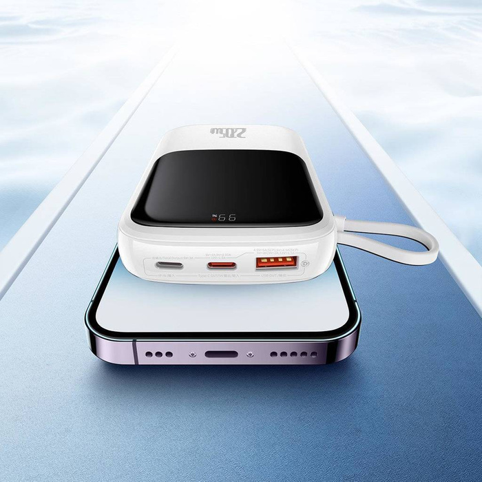 Baseus Qpow Digital Display Power Bank mit Schnellladung 10000 mAh 20 W QC/PD/SCP/FCP mit integriertem Lightning -Kabel Weiß