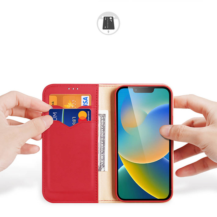 Dux Ducis Hivo Flip Cover in Pelle Portafoglio in Vera Pelle per Carte e Documenti iPhone 14 Plus Rosso