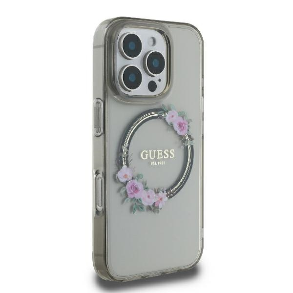 Etui Guess iPhone 16 Pro 6.3" czarny/black hardcase IML Flowers Wreath MagSafe